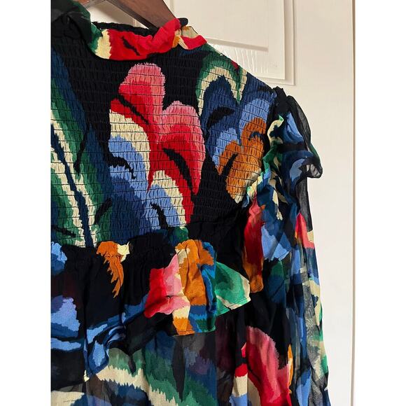 Farm Rio Chevron Tropical Forest Smocked Long Sleeve Blouse Black Small - Picture 10 of 10